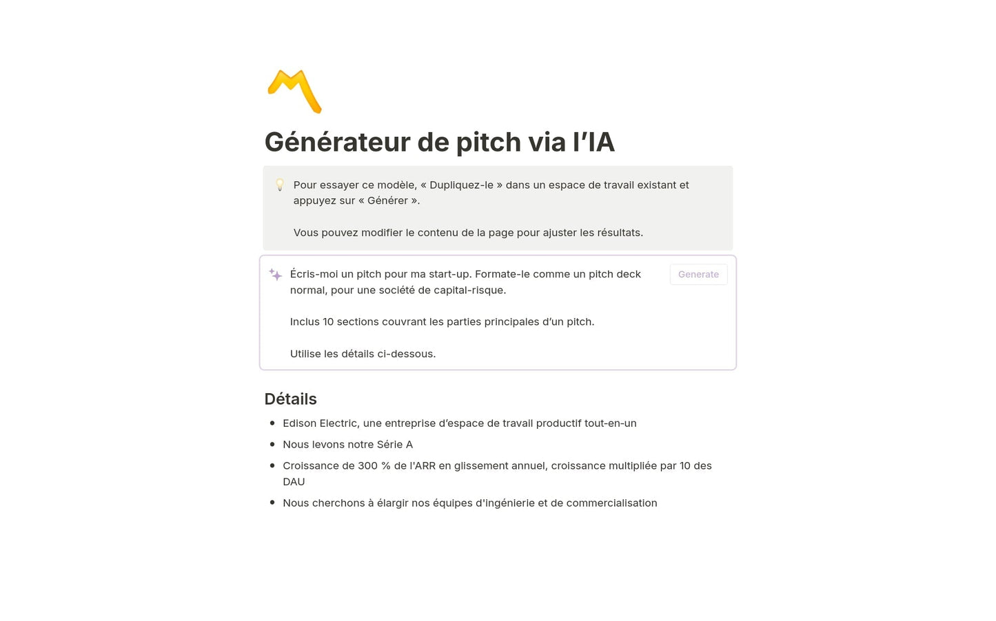 Template Notion – Générateur de pitch via l’IA