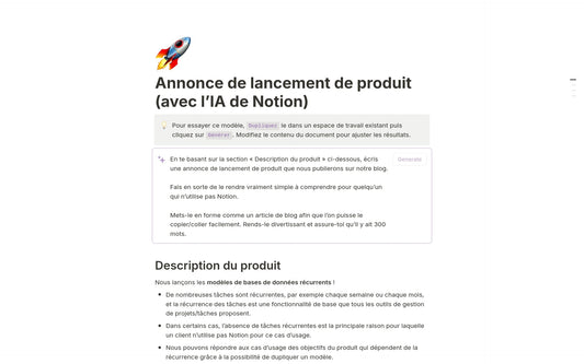 Template Notion – Annonce de lancement de produit (avec l’IA de Notion)
