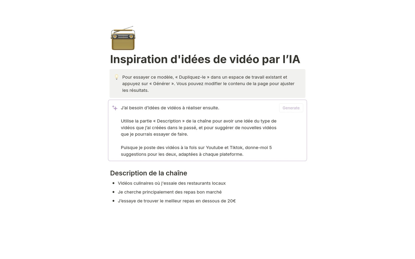 Template Notion – Inspiration d’idées de vidéo par l’IA