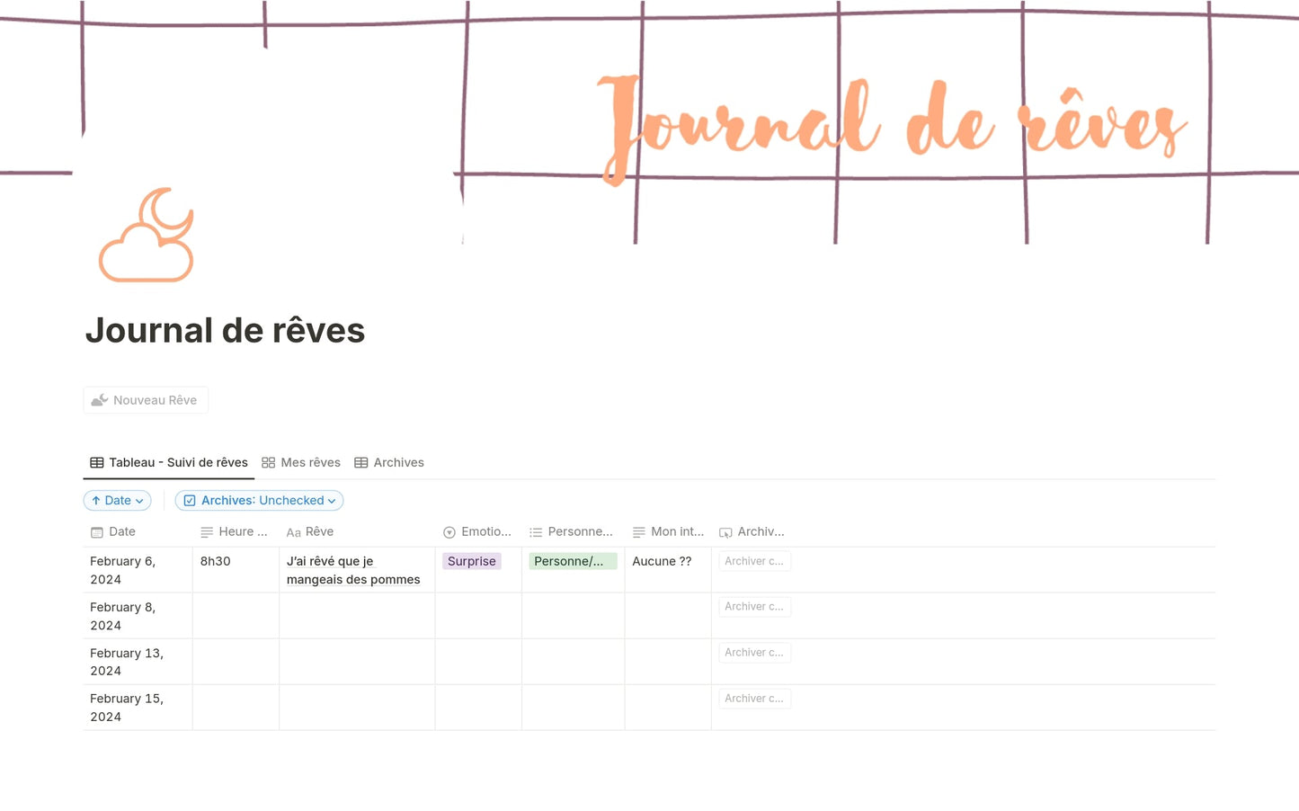 Template Notion – Journal de rêves