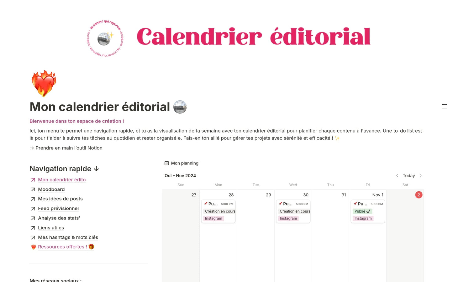 Template Notion – Calendrier éditorial