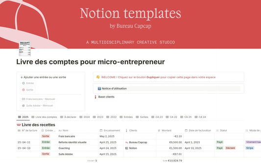 Template Notion – Livre des comptes pour micro-entrepreneur