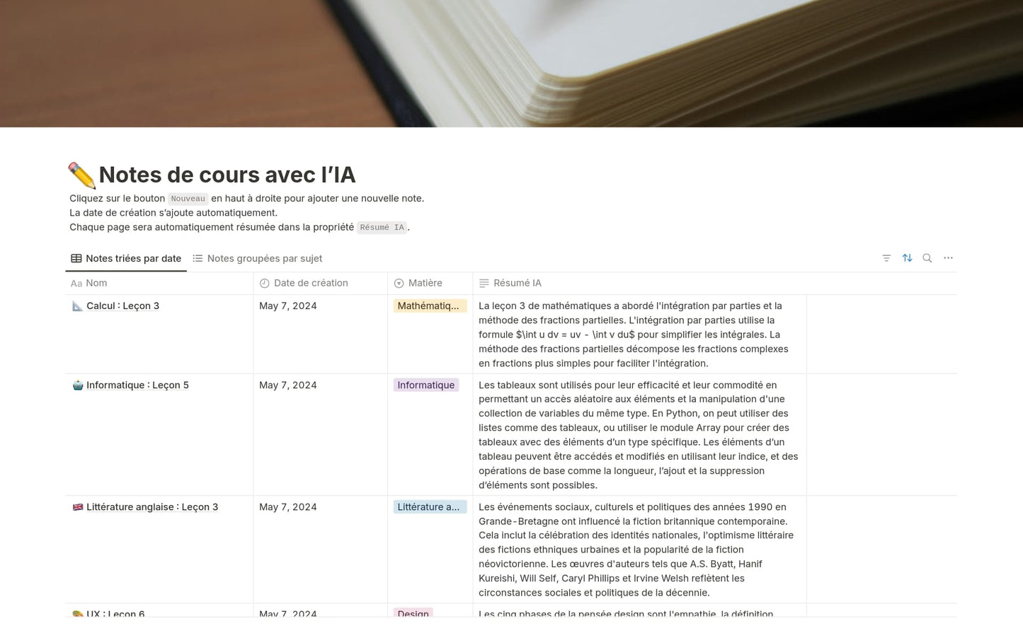 Template Notion – Notes de cours avec l’IA