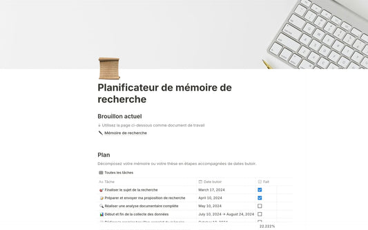 Template Notion – Planificateur de mémoire de recherche