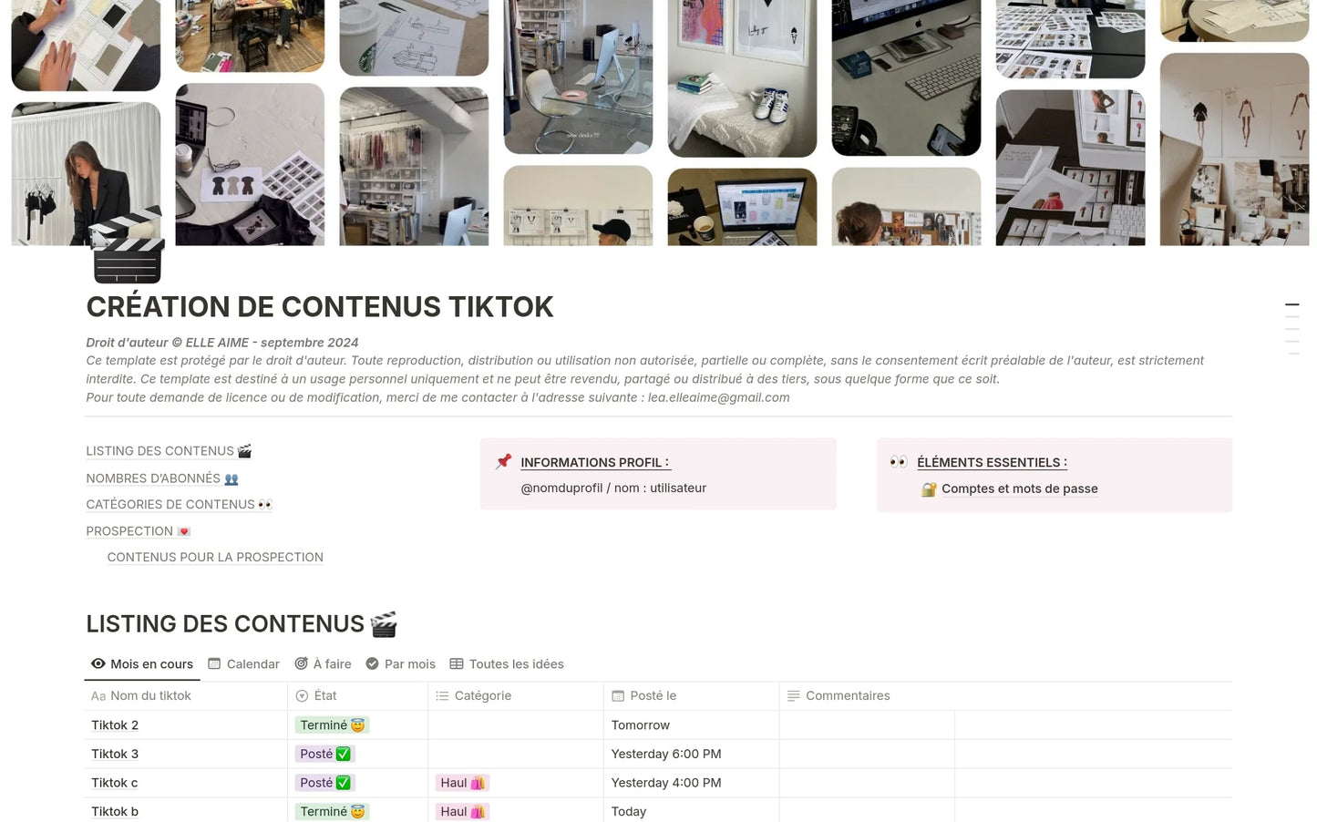 Template Notion – Création de contenus TikTok