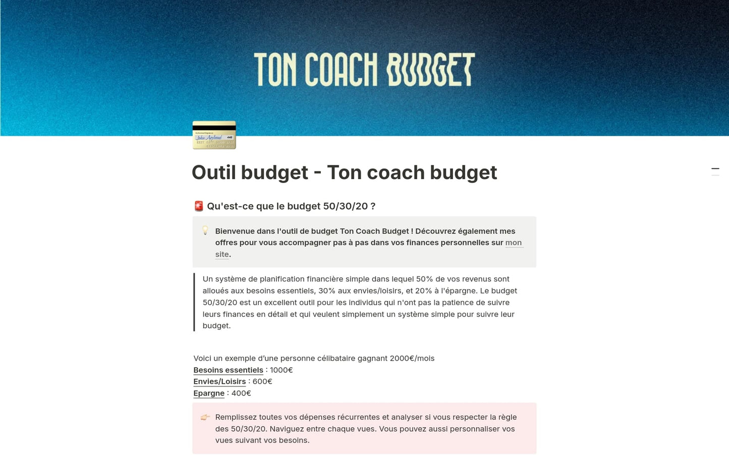Template Notion – Outil budget – Ton coach budget