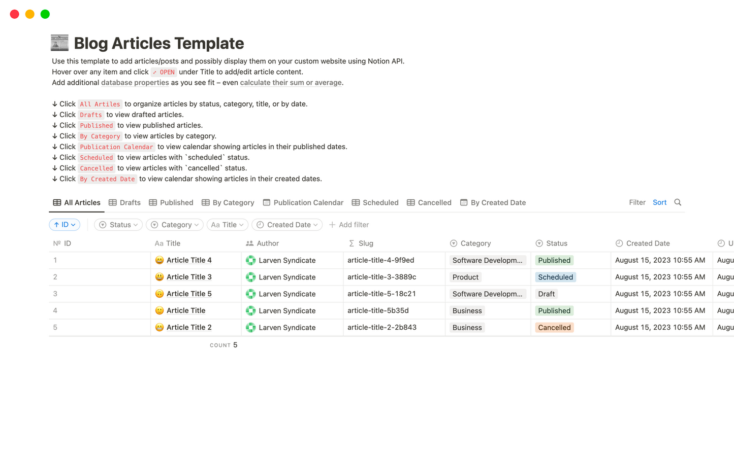 Template Notion – Blog Articles Template