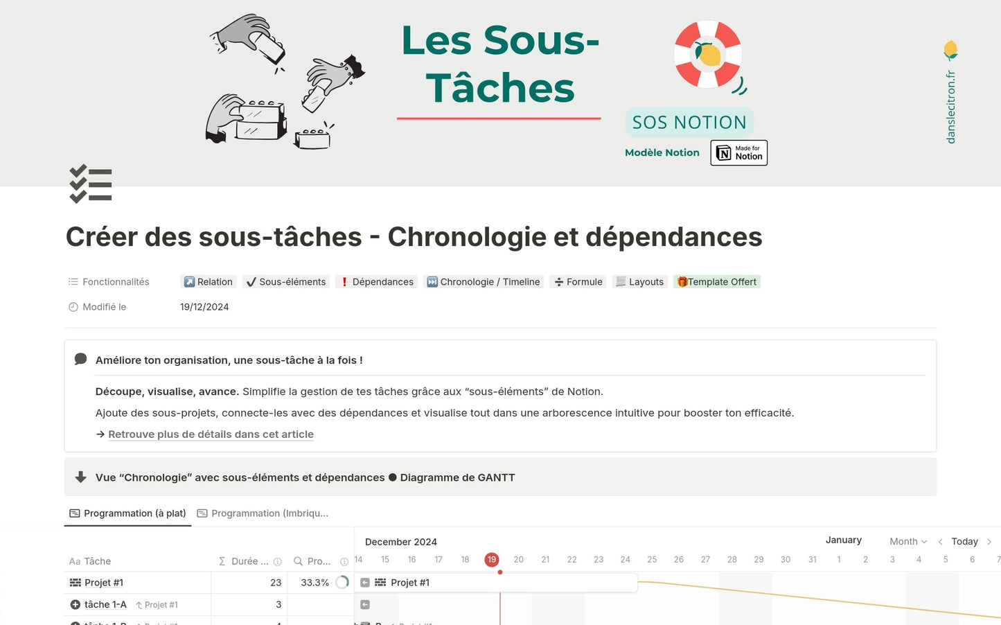 Template Notion – Créer des sous-tâches – Chronologie et dépendances