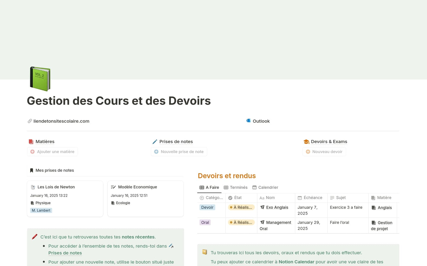 Template Notion – Gestion des Cours et des Devoirs