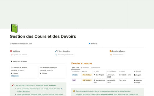 Template Notion – Gestion des Cours et des Devoirs