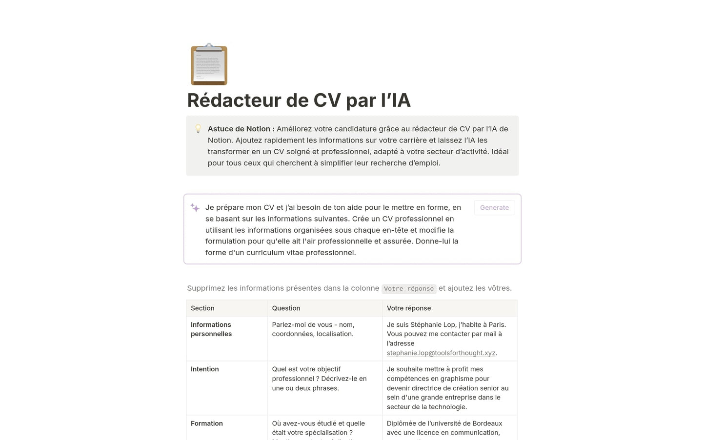 Template Notion – Rédacteur de CV par l’IA