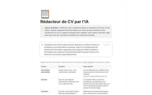 Template Notion – Rédacteur de CV par l’IA