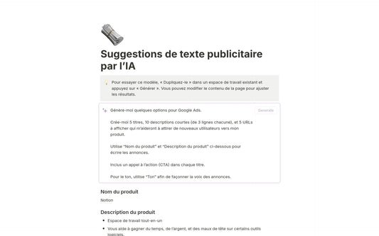 Template Notion – Suggestions de texte publicitaire par l’IA