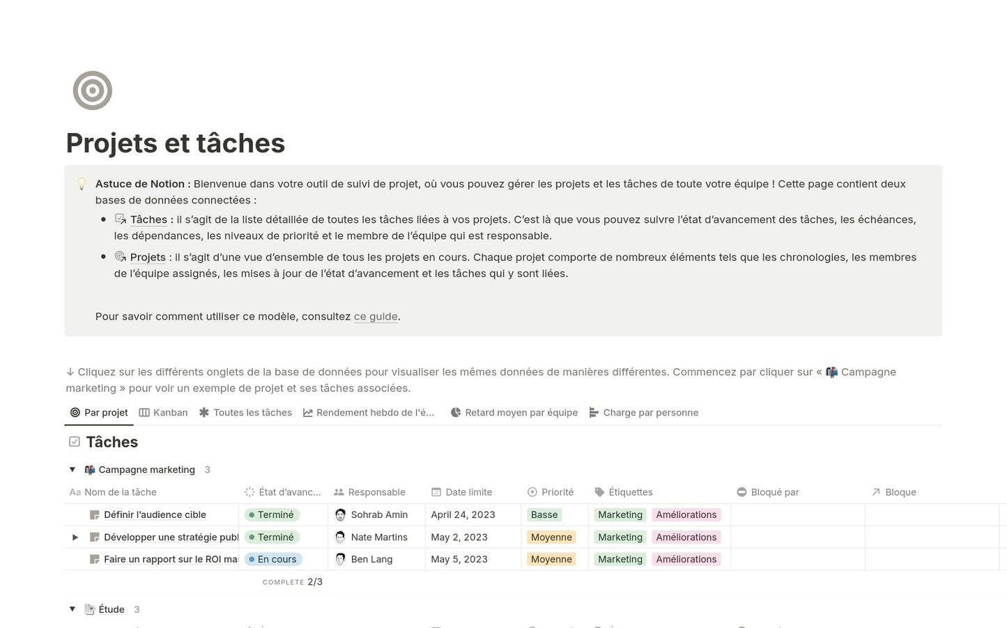 Template Notion – Projets et tâches